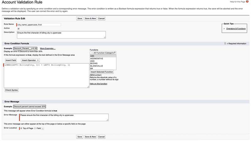 Screenshot of validation rule form complete